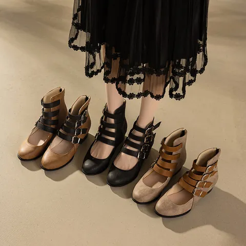 Women's Vintage Roman Style Mary Jane Block Heel Boots Round Toe Hollow Out Buckle Strap Back Zipper PU Leather Mid-Calf Shoes