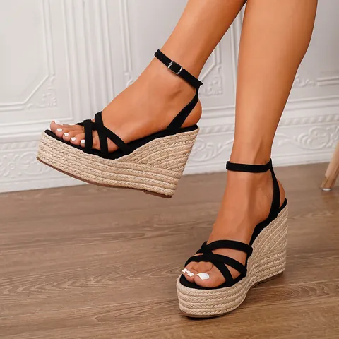 Women Western Fashion Straw Weave Wedge Sandals Fashion High Platform Jute Rope Sole Cross Strap Buckle High Heels Sandals