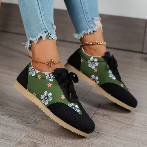 Women's Floral Print Canvas Sneakers Casual Lace-Up Flat Shoes Fashion Low-Top Sneakers Breathable Walking Shoes For Women