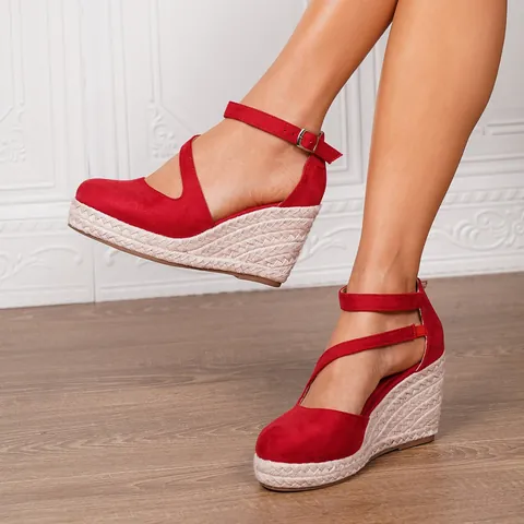 Sandales Compensées Espadrilles Bohèmes pour Femmes Bout Fermé Plateforme Corde de Chanvre Brides de Cheville Chaussures de Mode