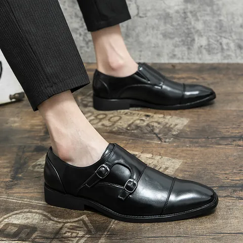 Men's British Monk Strap Dress Shoes PU Leather Brogue Carved Square Toe Business Formal Shoes Plus Size 48 Autumn Oxford Shoes