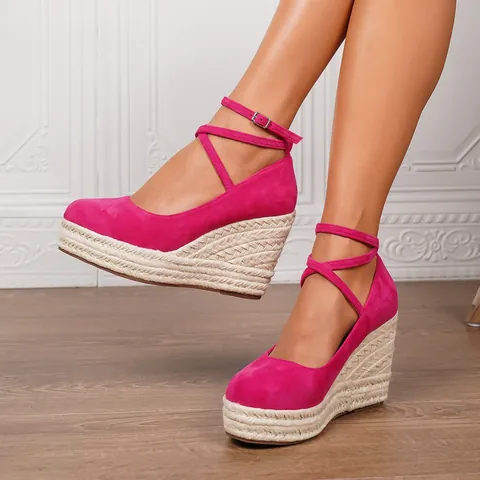 Sandalias de Cuña para Mujer Correa al Tobillo Punta Cerrada Alpargatas Plataforma Bohemio Gamuza Sintética Tacón Alto