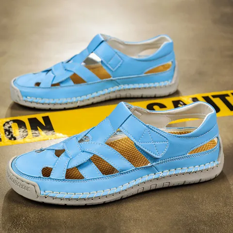 Women Roman Flat Woven Sandals Fisherman Closed Toe Hollow Out Breathable Soft Sole Anti-Slip Casual Summer Beach Walking Shoes