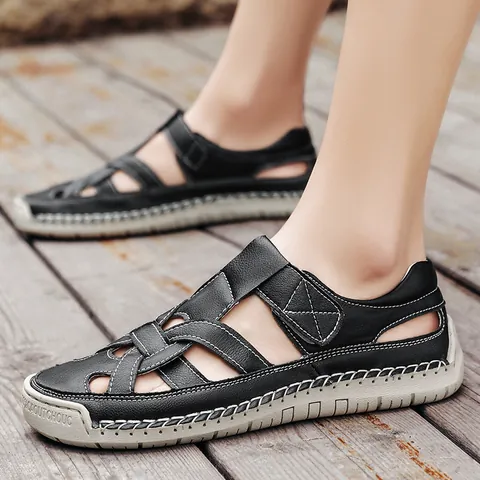 Women Roman Flat Woven Sandals Fisherman Closed Toe Hollow Out Breathable Soft Sole Anti-Slip Casual Summer Beach Walking Shoes