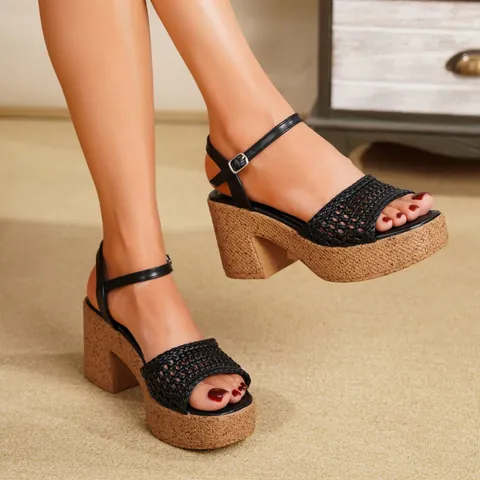 Sandalias de Cuña para Mujer Plataforma Tacón Alto Tejido de Paja Correa de Tobillo Bohemio Verano Playa Zapatos