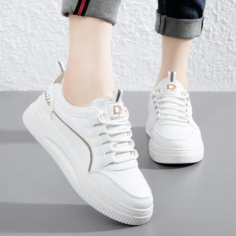 Women's 2025 Spring Thick Sole White Sneakers Fashion Casual Microfiber Leather Platform Shoes With Smile Print