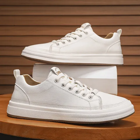 Men Genuine Leather Casual Skateboard Shoes Waterproof Low Top Fashion White Sneakers Wear-Resistant Rubber Sole Daily Walking Shoes