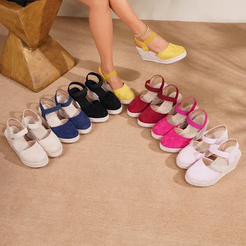 Sandalias de Cuña Esparteñas para Mujer Plataforma Punta Cerrada Correa al Tobillo Zapatos de Verano Boho Gamuza Paja Trenzada