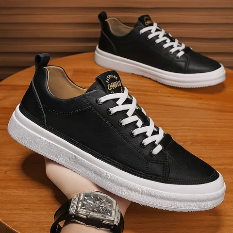 Men Genuine Leather Casual Skateboard Shoes Waterproof Low Top Fashion White Sneakers Wear-Resistant Rubber Sole Daily Walking Shoes