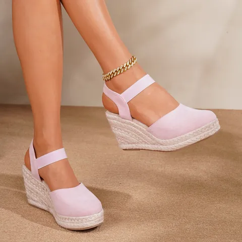 Sandalias de Cuña Esparteñas para Mujer Plataforma Punta Cerrada Correa al Tobillo Zapatos de Verano Boho Gamuza Paja Trenzada
