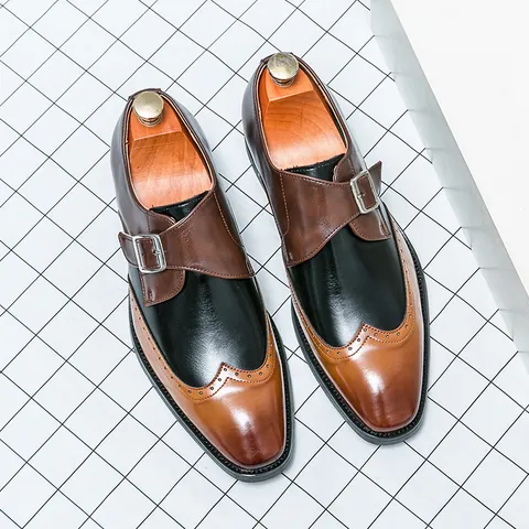 Men's British Style Monk Strap Leather Shoes Tri-Color Pointed Toe Brogue Business Formal Dress Shoes Height Increasing Loafers