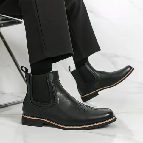 Herren Vintage Leder Brogue Chelsea Stiefel Hofstil Palast Workwear Martin Boots High Top Motorrad Schuhe Freizeit Leder Schuhe
