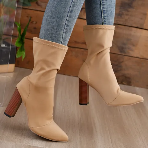 Women Pointed Toe Block Heel Mid-Calf Stretch Boots Faux Suede Slip On Sock Boots Wood Grain High Heel Autumn Winter Dress Boots