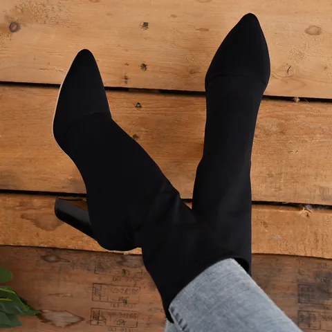 Women Pointed Toe Block Heel Mid-Calf Stretch Boots Faux Suede Slip On Sock Boots Wood Grain High Heel Autumn Winter Dress Boots