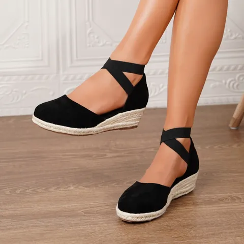 Sandalias de Cuña con Alpargatas Bohemias para Mujer Gamuza Sintética Punta Redonda Correa Elástica Cruzada Zapatos de Plataforma para Vacaciones de Verano