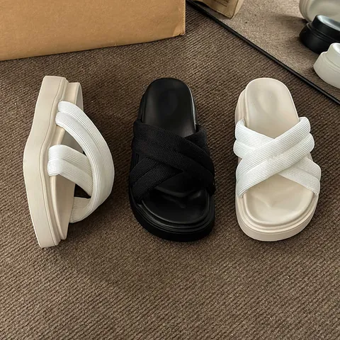 Women's Thick Sole Roman Cross Strap Slippers 2024 Summer New PU Leather Slip On Beach Sandals Casual Outdoor Comfort Shoes