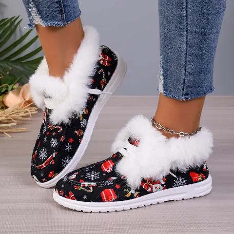 Women's Christmas Skull Print Snow Boots Faux Fur Trim Winter Warm Thick Sole Outdoor Casual Cotton Shoes Winter Boots