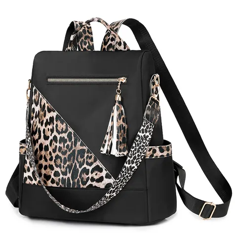 Women Fashion Leopard Print Patchwork Backpack Oxford Cloth Large Capacity Anti-theft Travel Bag With Tassel