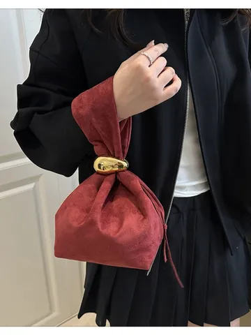 Retro Plissiert Cordsamt Beuteltasche Damen Mode Urban Minimalistisch Handtasche Mit Goldenem Metallring Henkeltasche Für Den Alltag