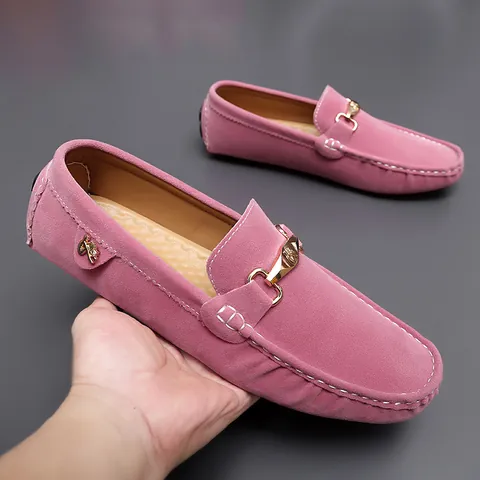 Euro-American Style Casual Men Microfiber Leather Loafers Metal Buckle Stitching Breathable Driving Shoes Solid Slip-on Flat Moccasins