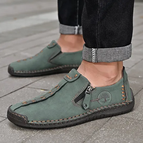 Mocassins Décontractés en Microfibre pour Hommes Cousus Main avec Fermeture Éclair Latérale Chaussures de Conduite Confortables