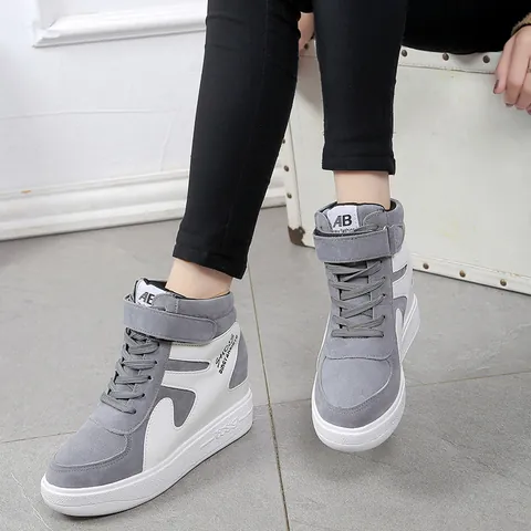 Women Platform Sneakers Hidden Wedge High Top Casual Shoes Color Block Hook And Loop PU Leather Breathable Sports Footwear