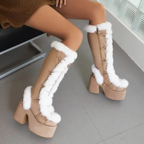 Gothic Lolita Platform Snow Boots Women Suede Faux Fur High Heel High Top Boots Winter Warm Padded Thick Sole Fashion Shoes