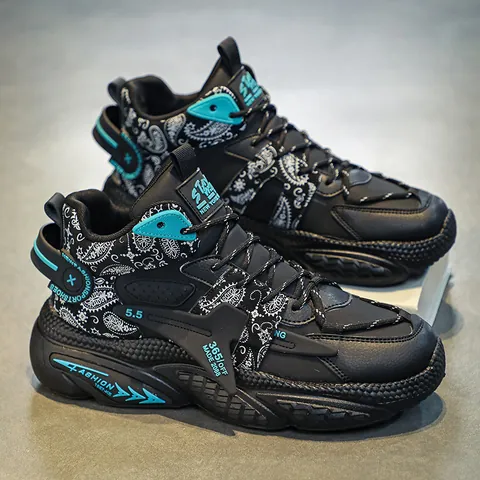 Men High Top Basketball Shoes Paisley Pattern Breathable Sport Sneakers Casual Thick Sole Streetwear Teenager Shoes