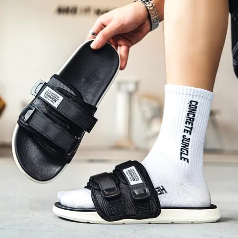Men Basketball Slides Summer Outdoor Non-Slip Sports Sandals With Adjustable Velcro Straps Casual Beach Mesh EVA Fashion Slides