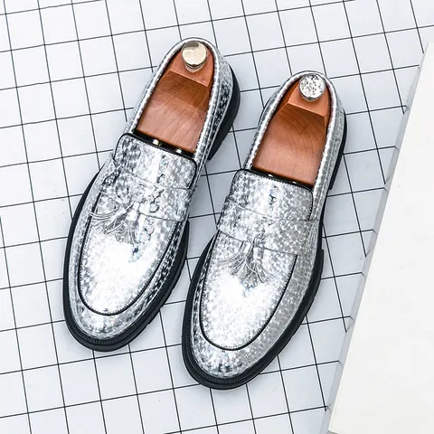 Men's Patent Leather Tassel Loafers Glossy Formal Dress Shoes For Business Wedding Banquet Plus Size Slip-On Shoes Black Silver