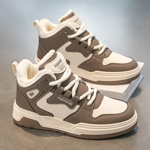 Baskets Chaudes à Tige Haute pour Hommes en Cuir Synthétique Doublé de Polaire Chaussures de Planche Décontractées à Blocs de Couleurs