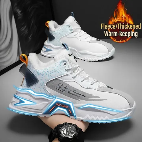 Sneakers Invernali High Top da Uomo Calde Foderate in Finta Pelliccia Scarpe Casual in Pelle PU Suola Spessa Platform Scarpe da Skate