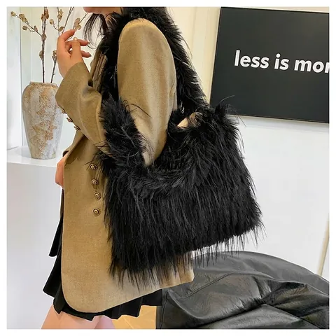 Winter Plush Faux Fur Tassel Tote Bag Large Capacity Women Solid Color Shoulder Handbag Fashion Soft Fluffy Bag