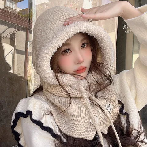 Koreaanse Stijl Balaclava Muts Sjaal Set Geïntegreerde Winter Warme Gebreide Muts Met Fleece Voering Buiten Winddichte Capuchon Neksjaal Voor Dames