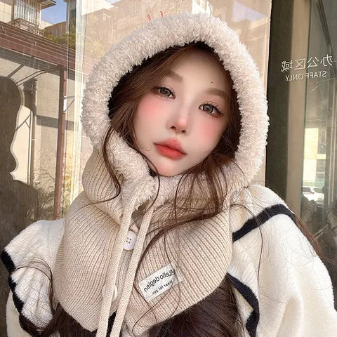Koreaanse Stijl Balaclava Muts Sjaal Set Geïntegreerde Winter Warme Gebreide Muts Met Fleece Voering Buiten Winddichte Capuchon Neksjaal Voor Dames