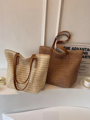 Women Straw Woven Tote Bag Large Capacity Handwoven Shoulder Bag With Leather Straps Summer Beach Vacation Casual Daily Bag