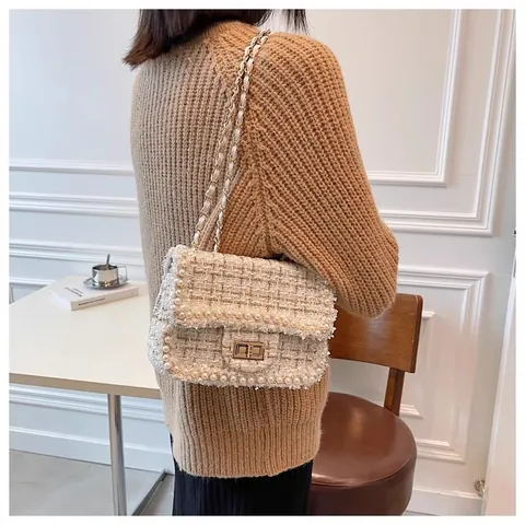 Bolso Bandolera Elegante de Tweed Tejido para Mujer Con Decoración de Perlas Artificiales Bolso de Hombro Cuadrado con Solapa