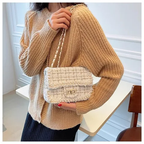 Bolso Bandolera Elegante de Tweed Tejido para Mujer Con Decoración de Perlas Artificiales Bolso de Hombro Cuadrado con Solapa