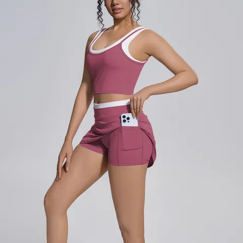 Women's Color-block Nude-feel Yoga Set Ribbed High-waist Fitness Sports Outfit Top and Bottom Nylon Spandex Gym Wear