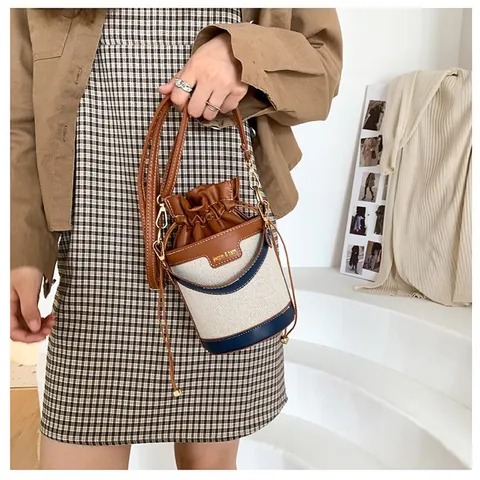 Women Fashion Patchwork Bucket Bag Vintage Canvas PU Leather Drawstring Shoulder Crossbody Bag for Everyday Travel Shopping