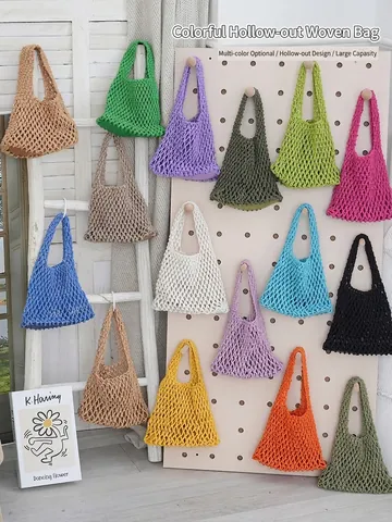 Sac à Main Artisanal en Corde de Coton Tissé Couleurs Bonbon Sac Fourre-tout en Filet Ajouré Femme Été Plage Vacances Sac Seau Décontracté