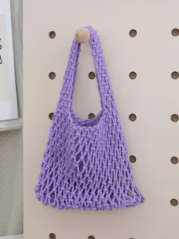 Sac à Main Artisanal en Corde de Coton Tissé Couleurs Bonbon Sac Fourre-tout en Filet Ajouré Femme Été Plage Vacances Sac Seau Décontracté