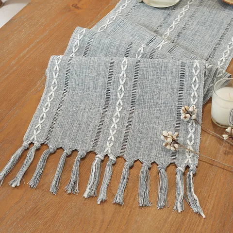 Camino de Mesa Americano Vintage de Algodón y Poliéster Con Borlas Hechas a Mano Bordado Calado Rayas Geométricas Decoración de Mesa