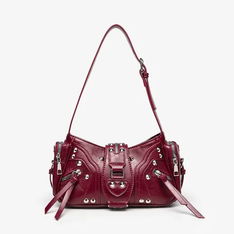 Women Y2K Vintage Motorcycle Shoulder Bag PU Leather Rivet Tassel Crossbody Bag Chic Street Style Handbag For Ladies