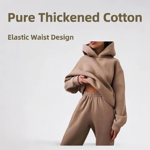 Damen Lässig Einfarbig Kapuzen Sweatshirt Und Jogginghose Set Verdickt Polyester Elastan Top Und Unterteil Trainingsanzug