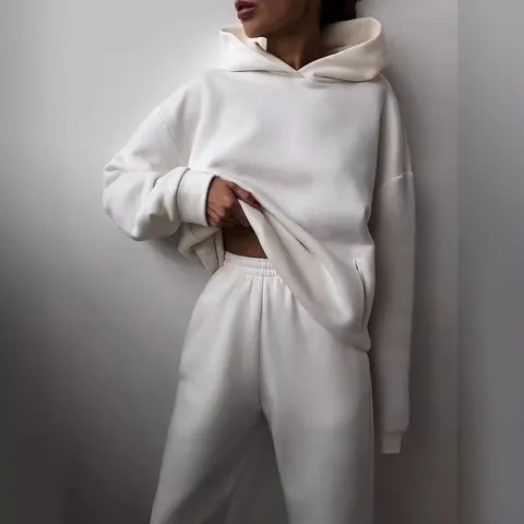 Damen Lässig Einfarbig Kapuzen Sweatshirt Und Jogginghose Set Verdickt Polyester Elastan Top Und Unterteil Trainingsanzug
