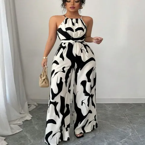 Combinaison Femme Dos Nu Licou Imprimé Vache Taille à Nouer Jambe Large Polyester Élégant Sans Manches Romper Longue