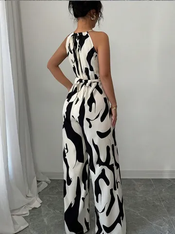 Combinaison Femme Dos Nu Licou Imprimé Vache Taille à Nouer Jambe Large Polyester Élégant Sans Manches Romper Longue