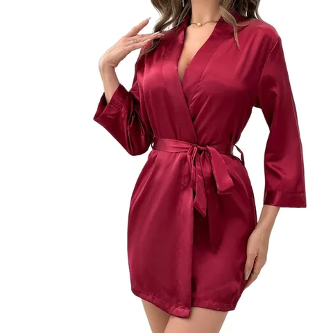 Albornoz de Satén Sexy para Mujer Cuello en V Manga Larga Tacto Seda Color Sólido Ropa de Dormir Home Casual Top Con Cinturón