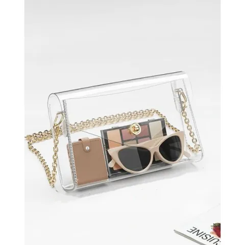 Women Fashion Clear Shoulder Bag Stadium Approved PVC Crossbody Bag With Gold Chain Strap For Concert Daily Casual Pouch